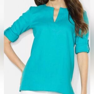 Lauren Ralph Lauren Linen Shirt Roll Tab Sleeve Top Teal Aqua Medium Split VNeck
